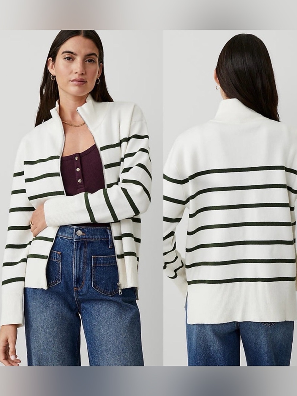 NWT Ann Taylor Weekend Green White Stripe Zip Sweater Jacket XL